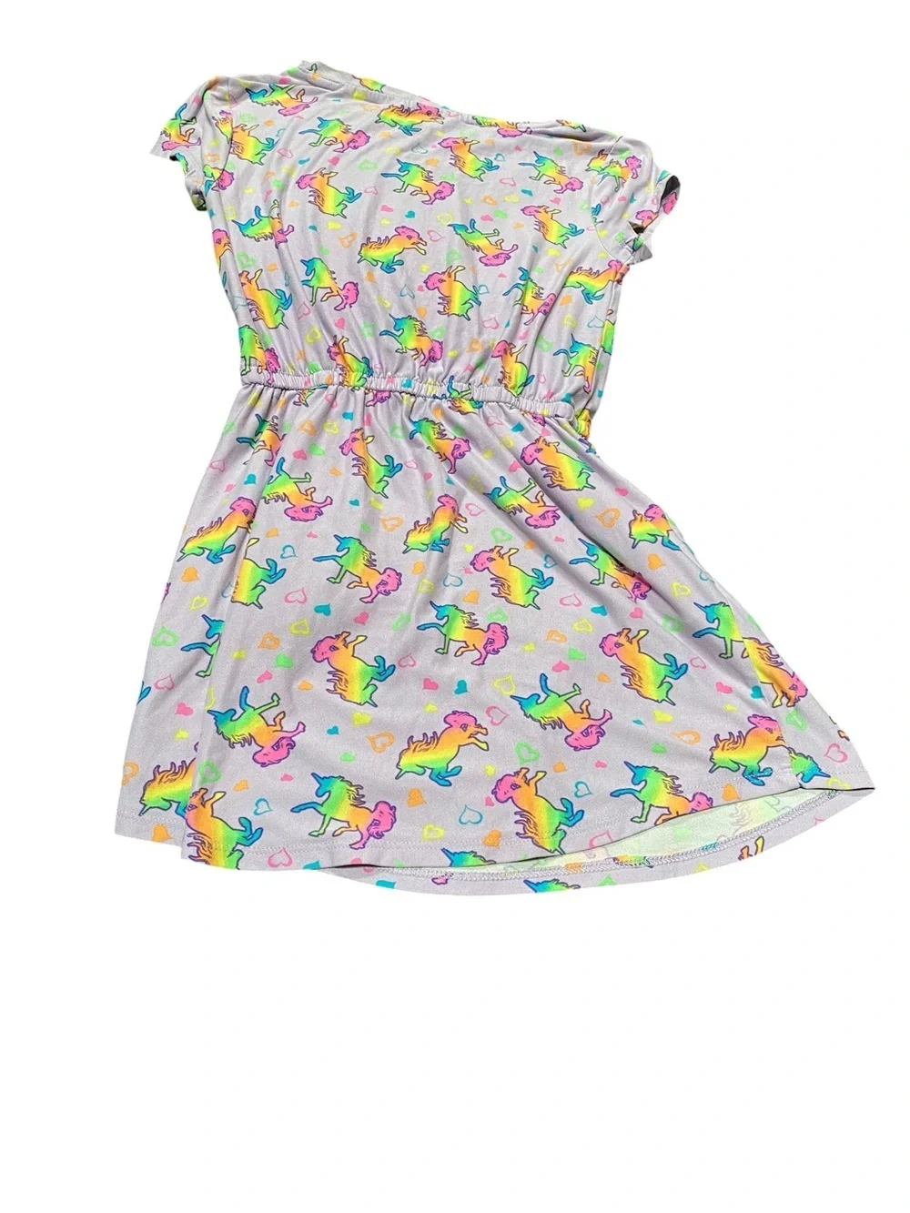 Girls' Lavender Unicorn Print Short Sleeve Drawstring Dress